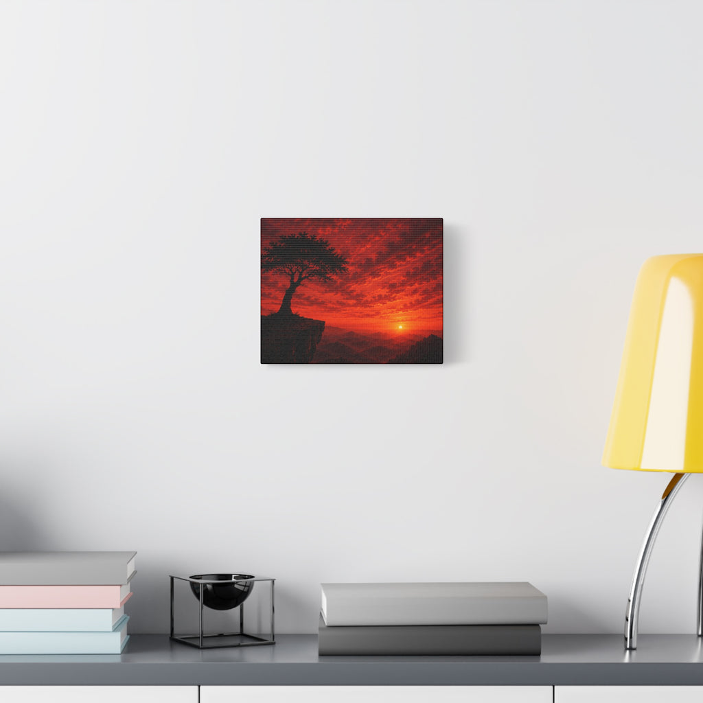 Red Sunset Cliff Canvas Print — Tree Silhouette Matte Stretched Wall Art