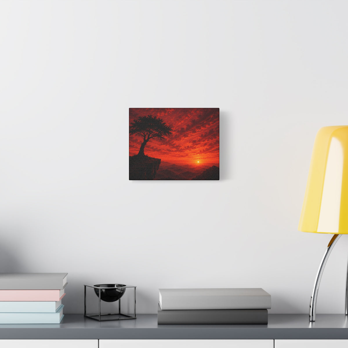 Red Sunset Cliff Canvas Print — Tree Silhouette Matte Stretched Wall Art