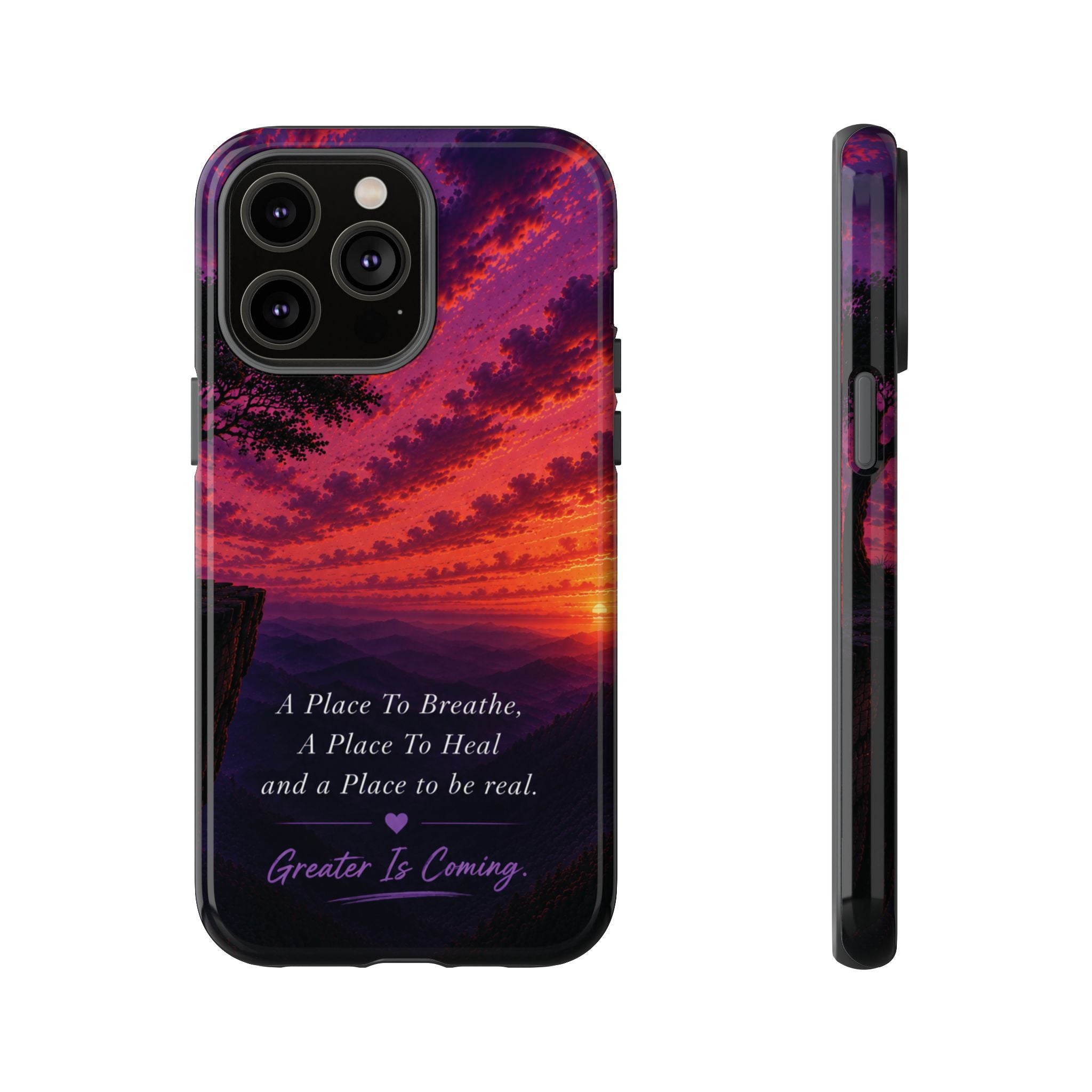 Sunset Serenity Phone Case – “A Place To Breathe, A Place To Heal” Inspirational Galaxy Case