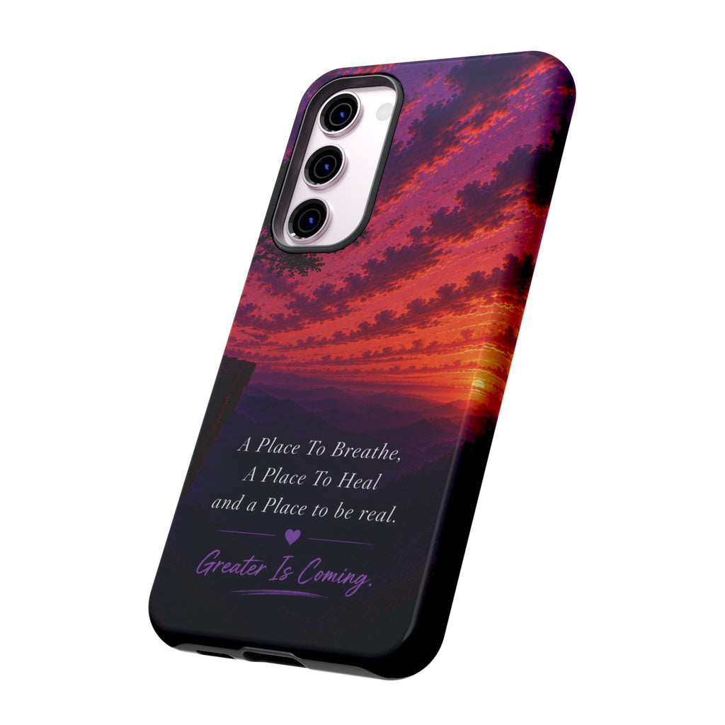 Sunset Serenity Phone Case – “A Place To Breathe, A Place To Heal” Inspirational Galaxy Case