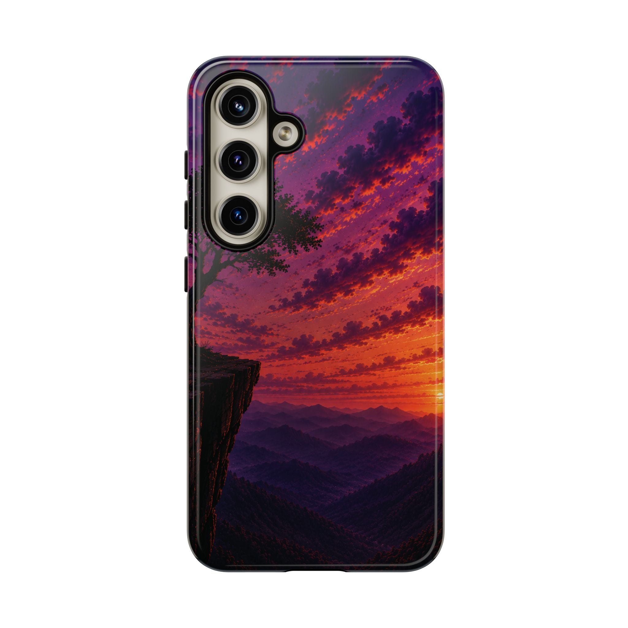 Sunset Cliff Tough Phone Case - Vibrant Purple Orange Landscape for Galaxy & iPhone