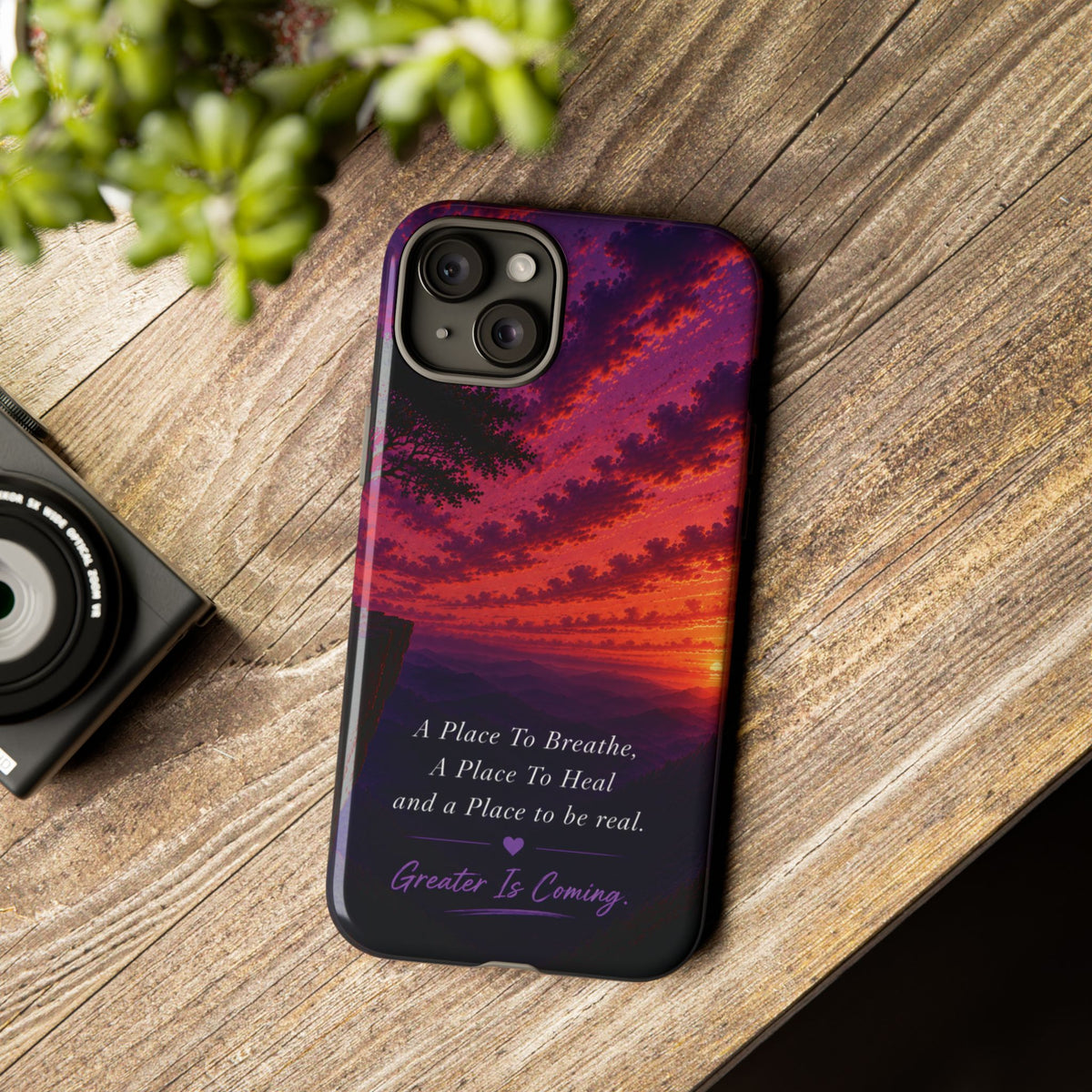 Sunset Serenity Phone Case – “A Place To Breathe, A Place To Heal” Inspirational Galaxy Case