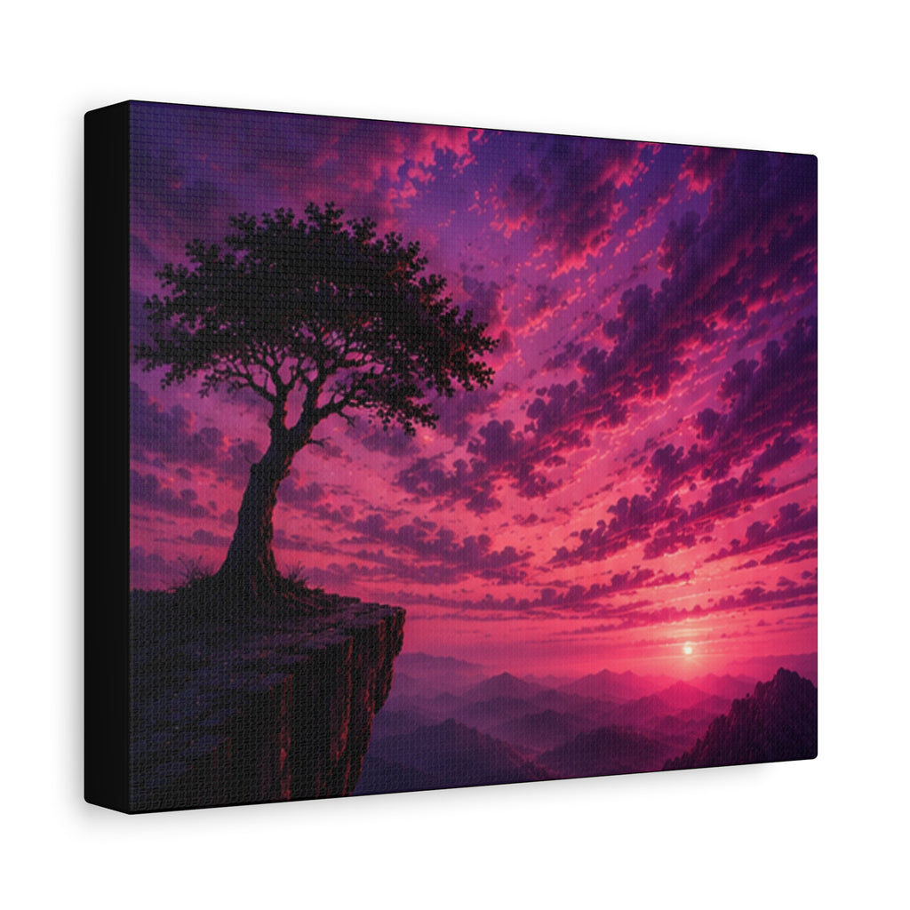 Sunset Cliff Tree Matte Canvas Art – Pink Purple Landscape Wall Decor