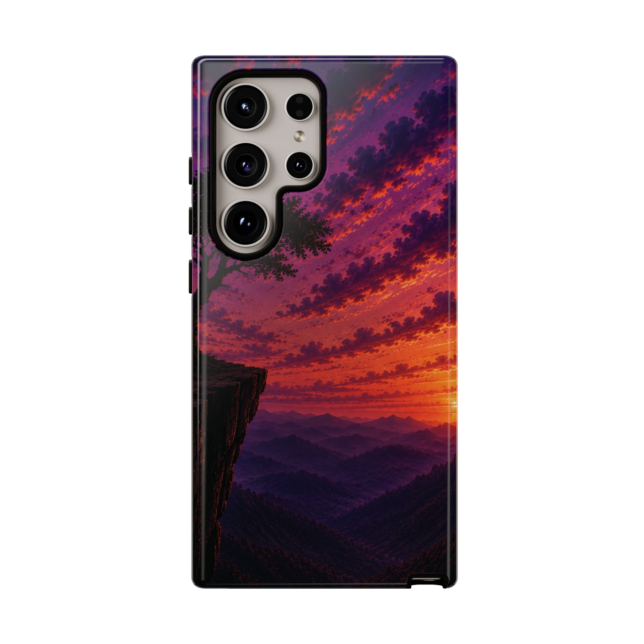Sunset Cliff Tough Phone Case - Vibrant Purple Orange Landscape for Galaxy & iPhone