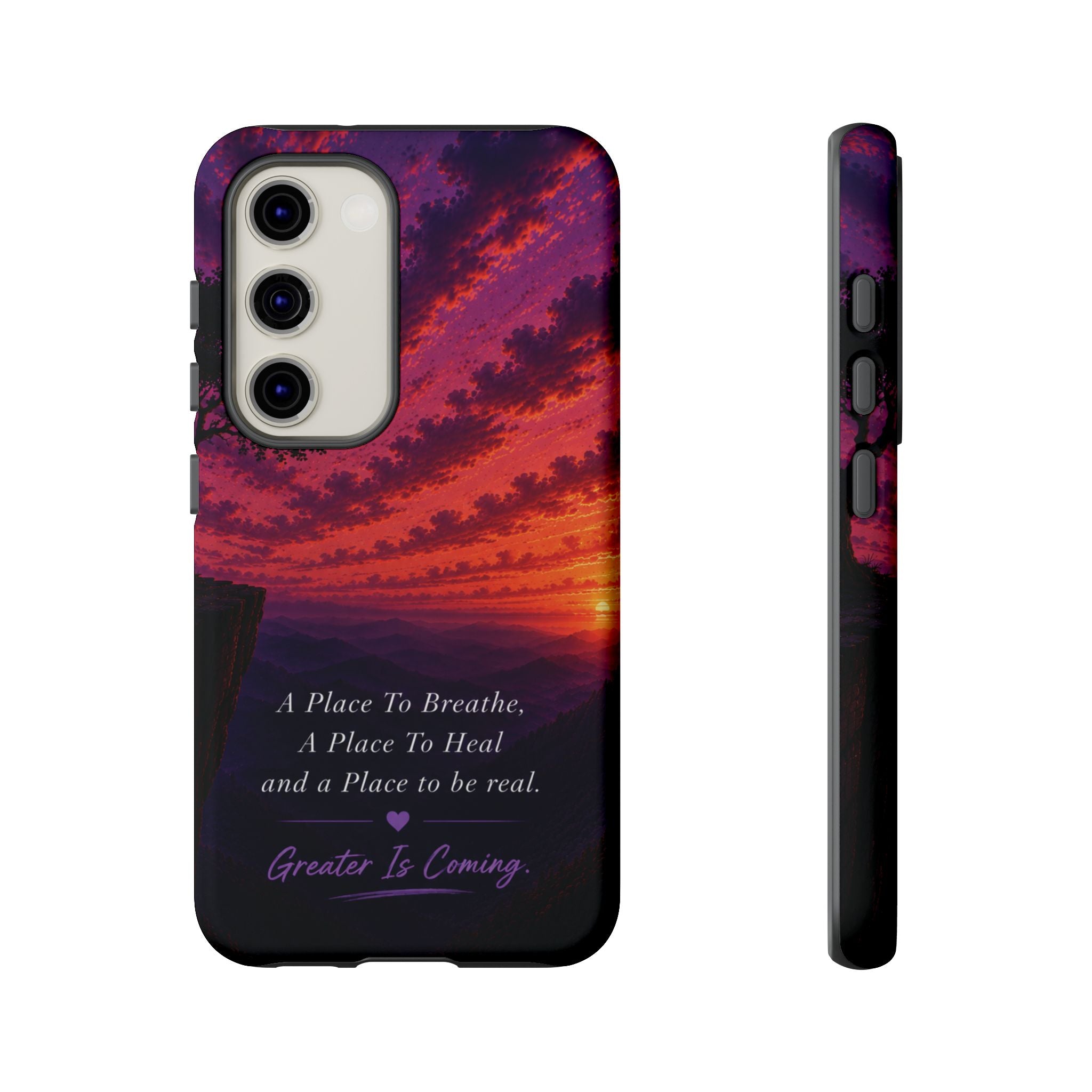 Sunset Serenity Phone Case – “A Place To Breathe, A Place To Heal” Inspirational Galaxy Case