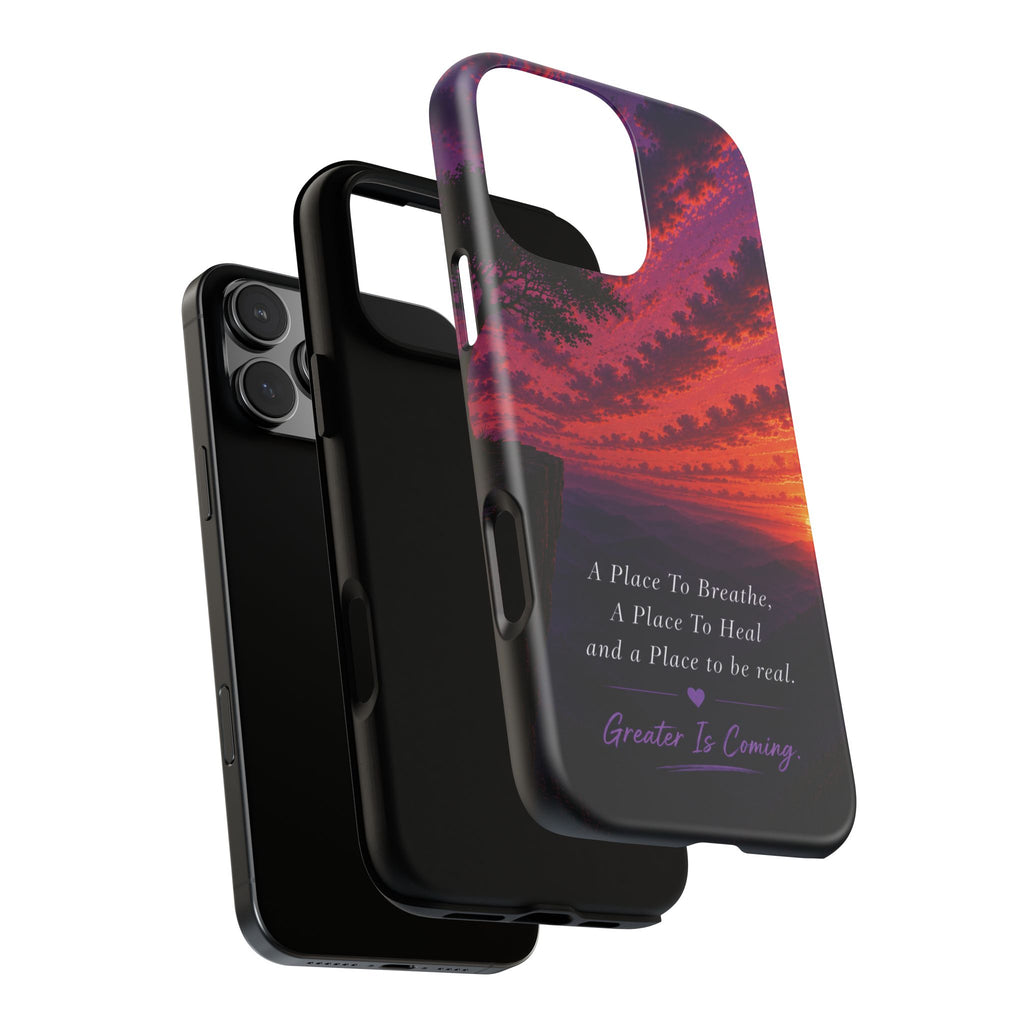 Sunset Serenity Phone Case – “A Place To Breathe, A Place To Heal” Inspirational Galaxy Case