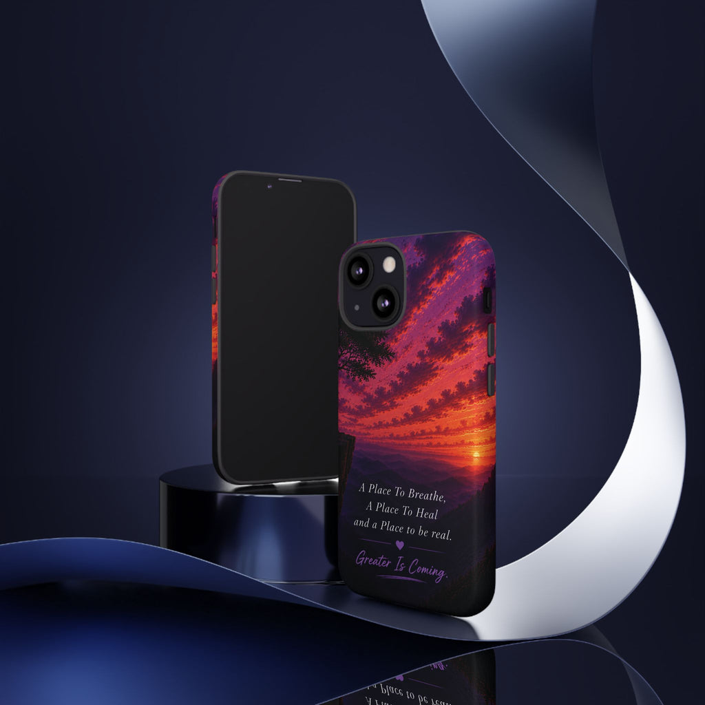 Sunset Serenity Phone Case – “A Place To Breathe, A Place To Heal” Inspirational Galaxy Case