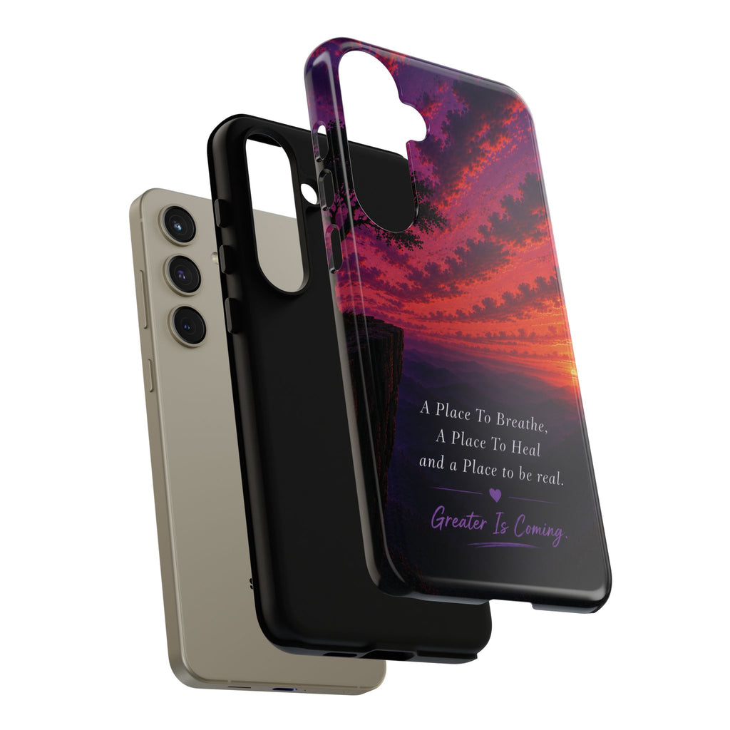 Sunset Serenity Phone Case – “A Place To Breathe, A Place To Heal” Inspirational Galaxy Case