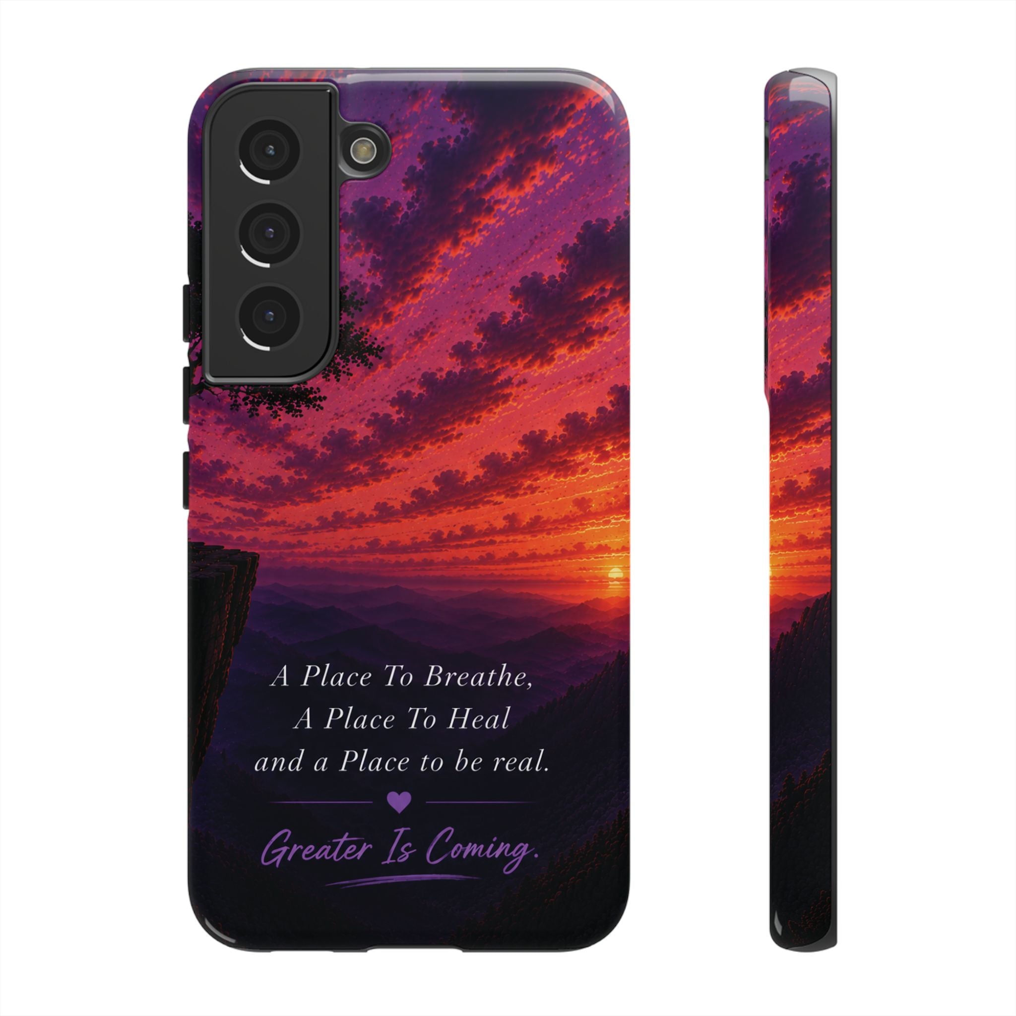 Sunset Serenity Phone Case – “A Place To Breathe, A Place To Heal” Inspirational Galaxy Case