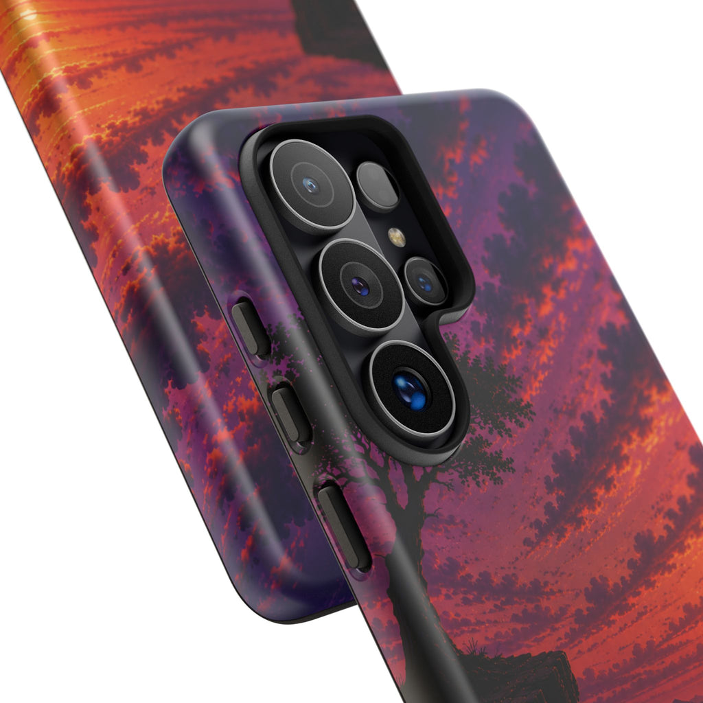 Sunset Cliff Tough Phone Case - Vibrant Purple Orange Landscape for Galaxy & iPhone