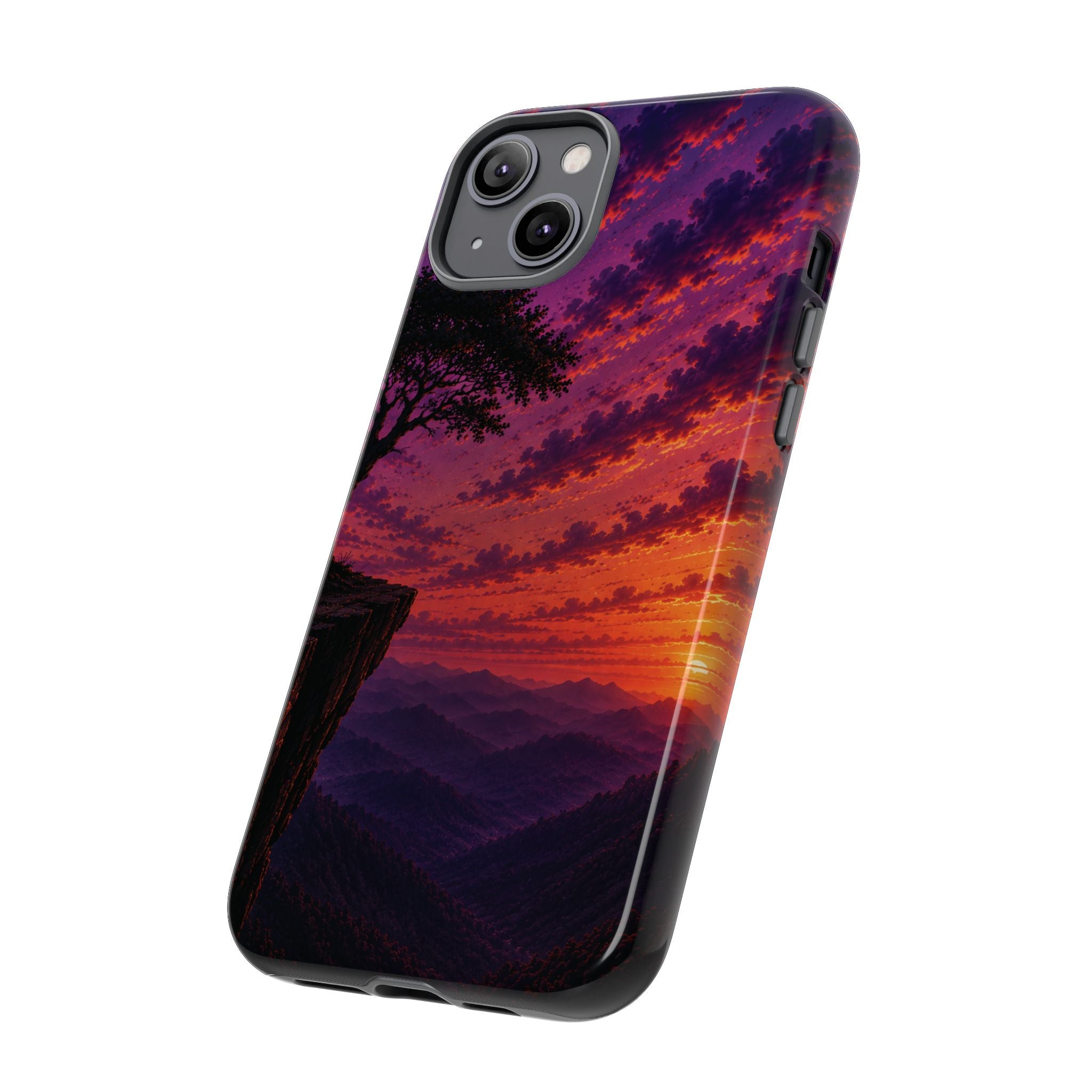 Sunset Cliff Tough Phone Case - Vibrant Purple Orange Landscape for Galaxy & iPhone