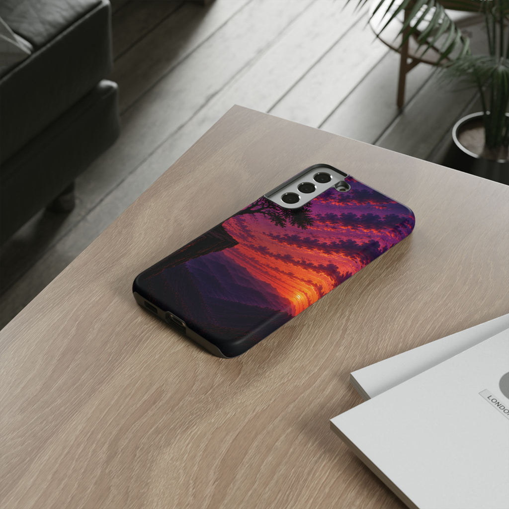 Sunset Cliff Tough Phone Case - Vibrant Purple Orange Landscape for Galaxy & iPhone