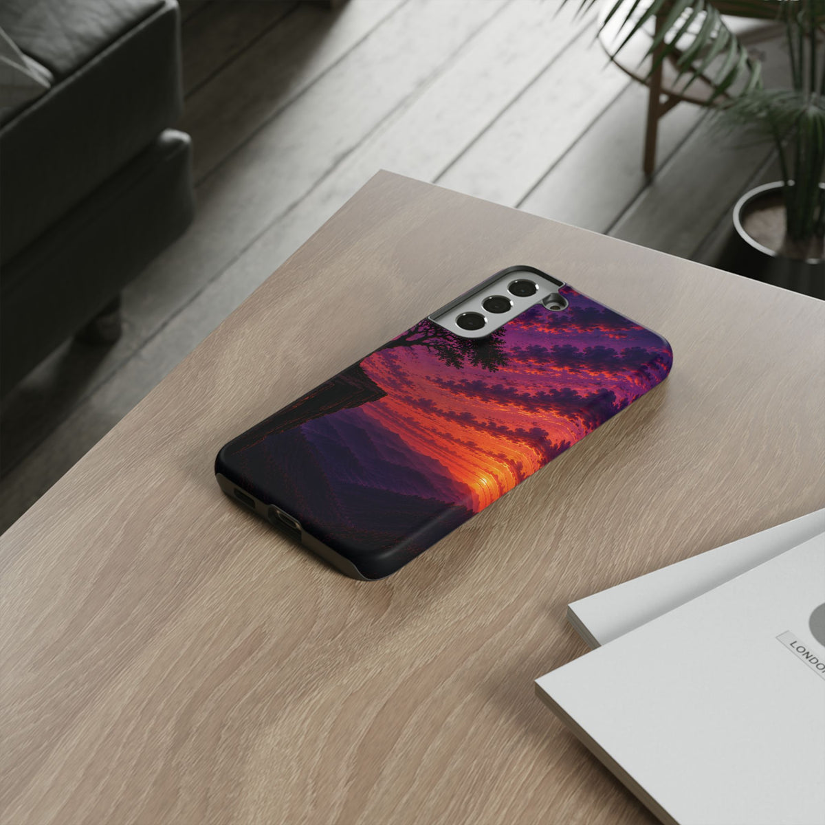 Sunset Cliff Tough Phone Case - Vibrant Purple Orange Landscape for Galaxy & iPhone