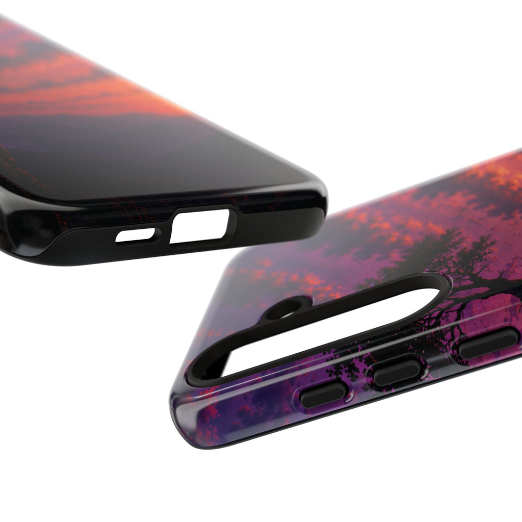 Sunset Cliff Tough Phone Case - Vibrant Purple Orange Landscape for Galaxy & iPhone