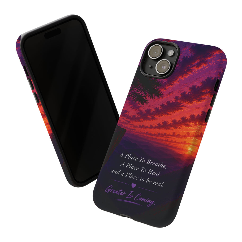 Sunset Serenity Phone Case – “A Place To Breathe, A Place To Heal” Inspirational Galaxy Case