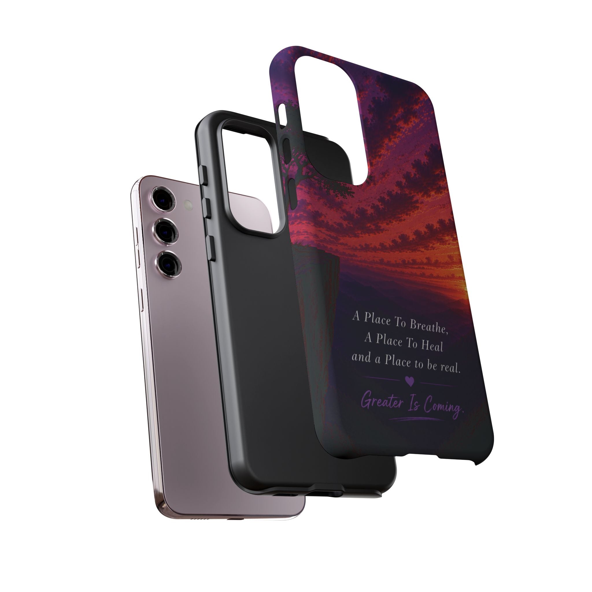 Sunset Serenity Phone Case – “A Place To Breathe, A Place To Heal” Inspirational Galaxy Case