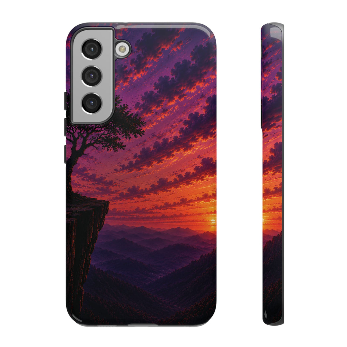 Sunset Cliff Tough Phone Case - Vibrant Purple Orange Landscape for Galaxy & iPhone