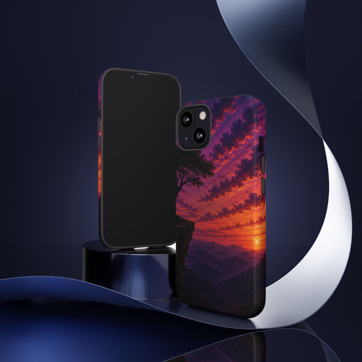 Sunset Cliff Tough Phone Case - Vibrant Purple Orange Landscape for Galaxy & iPhone