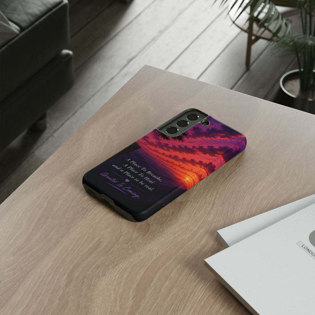Sunset Serenity Phone Case – “A Place To Breathe, A Place To Heal” Inspirational Galaxy Case