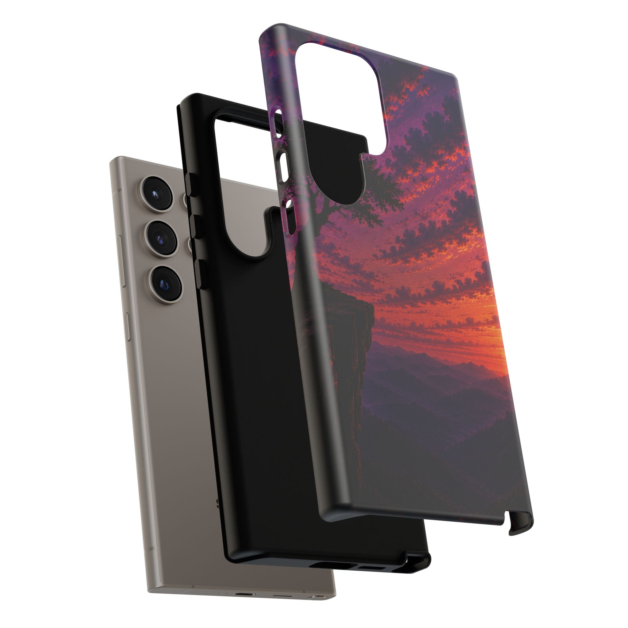 Sunset Cliff Tough Phone Case - Vibrant Purple Orange Landscape for Galaxy & iPhone