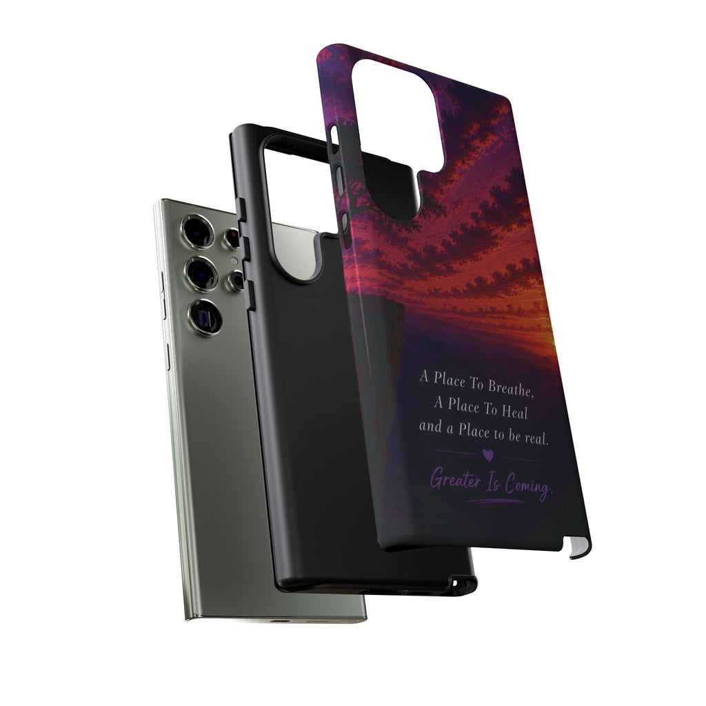 Sunset Serenity Phone Case – “A Place To Breathe, A Place To Heal” Inspirational Galaxy Case