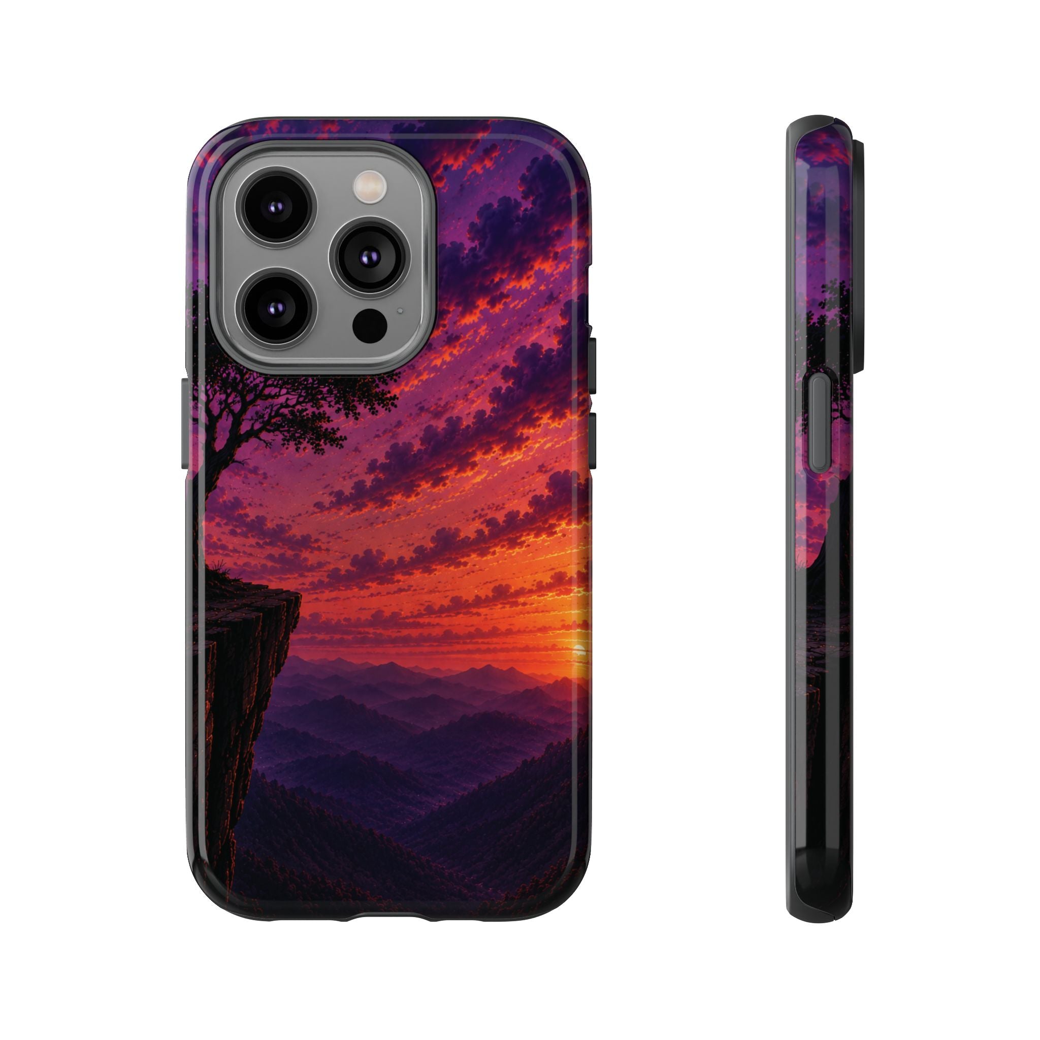 Sunset Cliff Tough Phone Case - Vibrant Purple Orange Landscape for Galaxy & iPhone