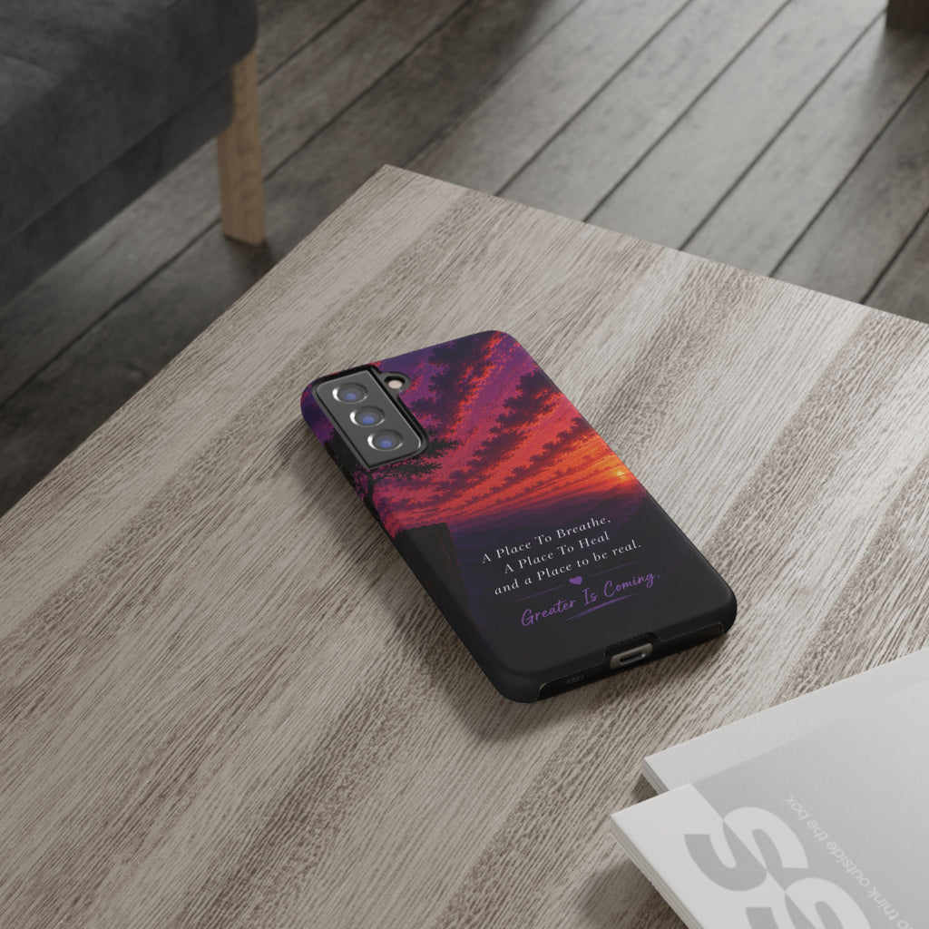 Sunset Serenity Phone Case – “A Place To Breathe, A Place To Heal” Inspirational Galaxy Case