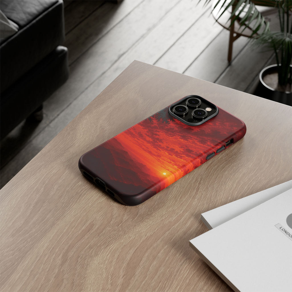 Sunset Mountain Tough Phone Case — Red Horizon Landscape Protective Case