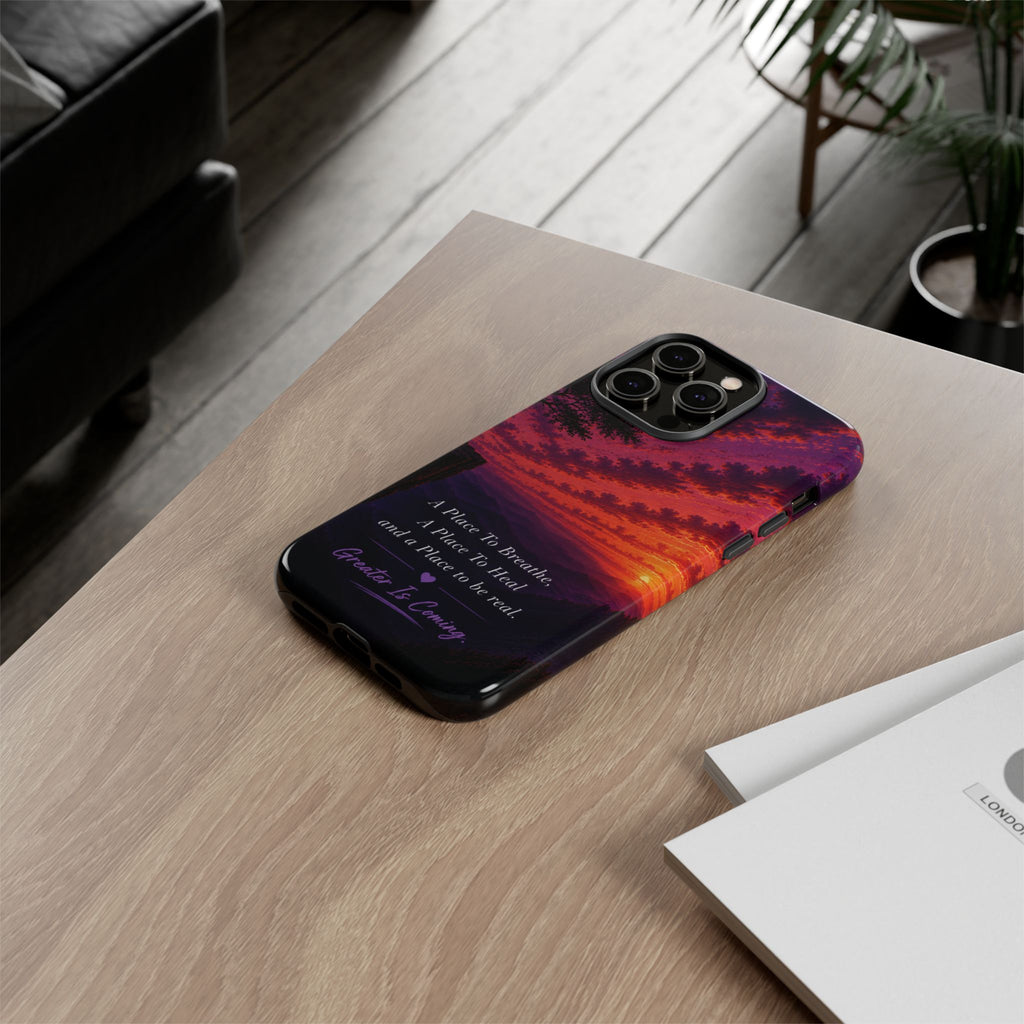 Sunset Serenity Phone Case – “A Place To Breathe, A Place To Heal” Inspirational Galaxy Case