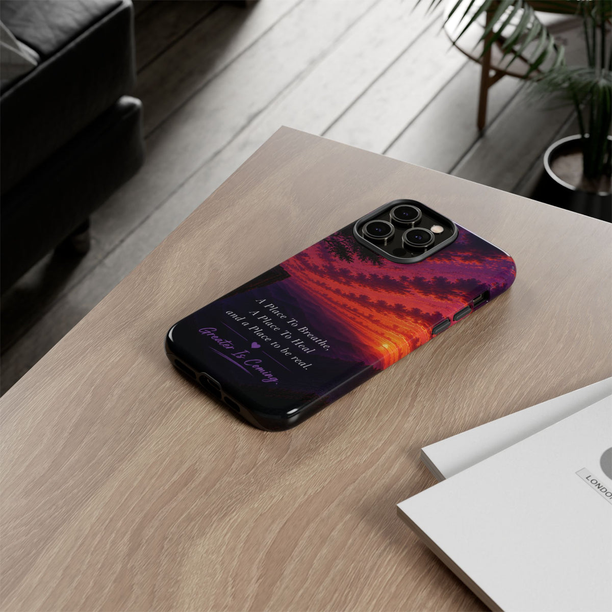 Sunset Serenity Phone Case – “A Place To Breathe, A Place To Heal” Inspirational Galaxy Case