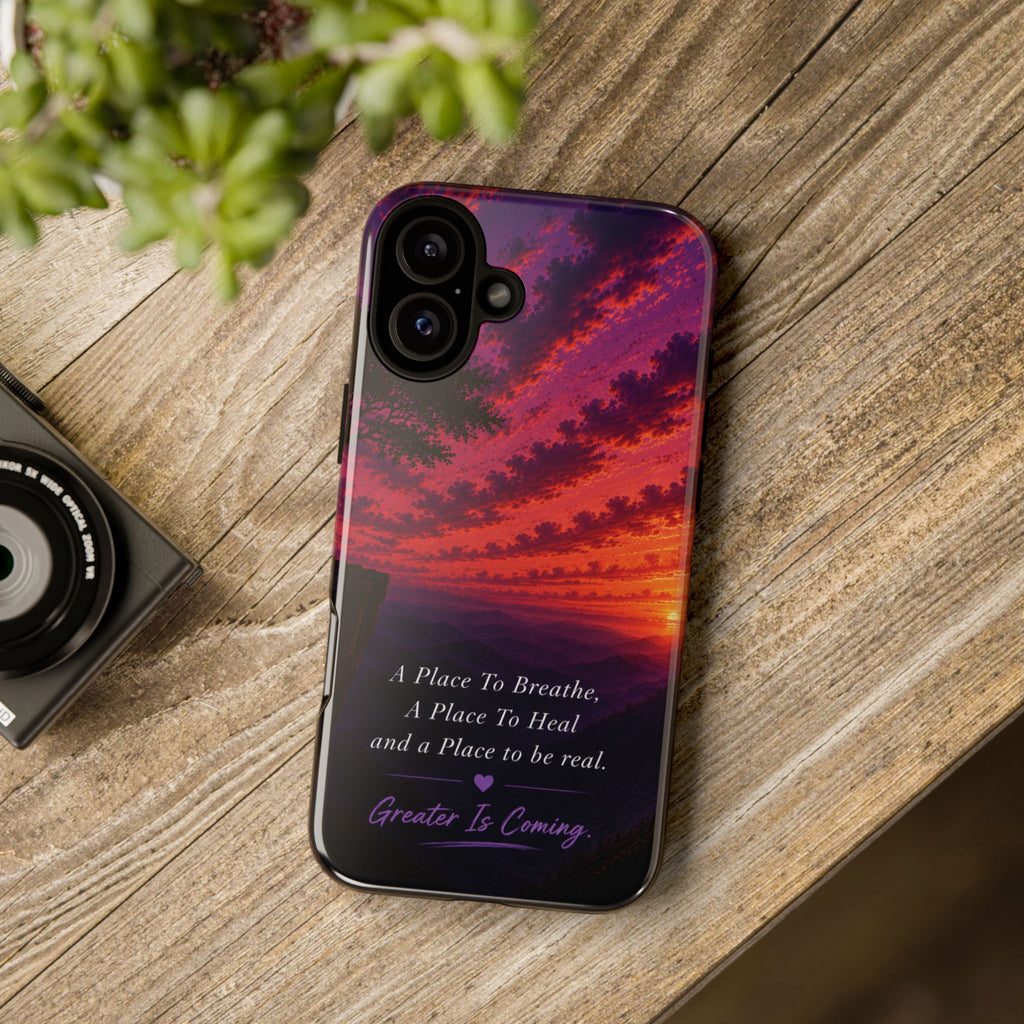 Sunset Serenity Phone Case – “A Place To Breathe, A Place To Heal” Inspirational Galaxy Case