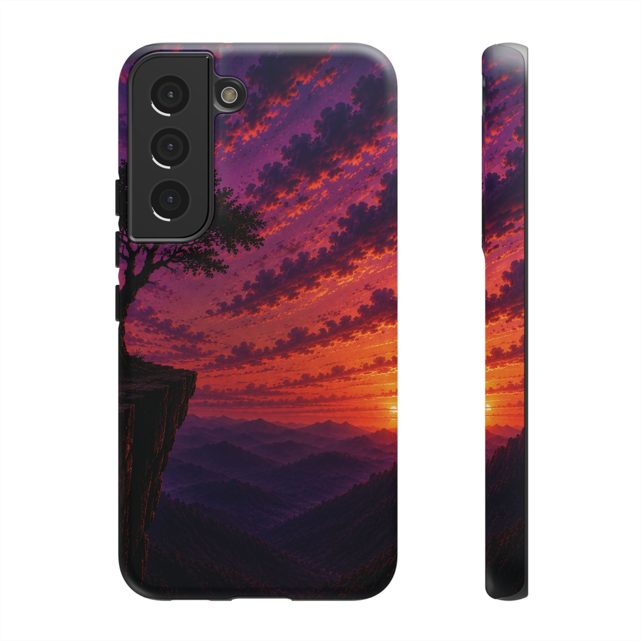 Sunset Cliff Tough Phone Case - Vibrant Purple Orange Landscape for Galaxy & iPhone