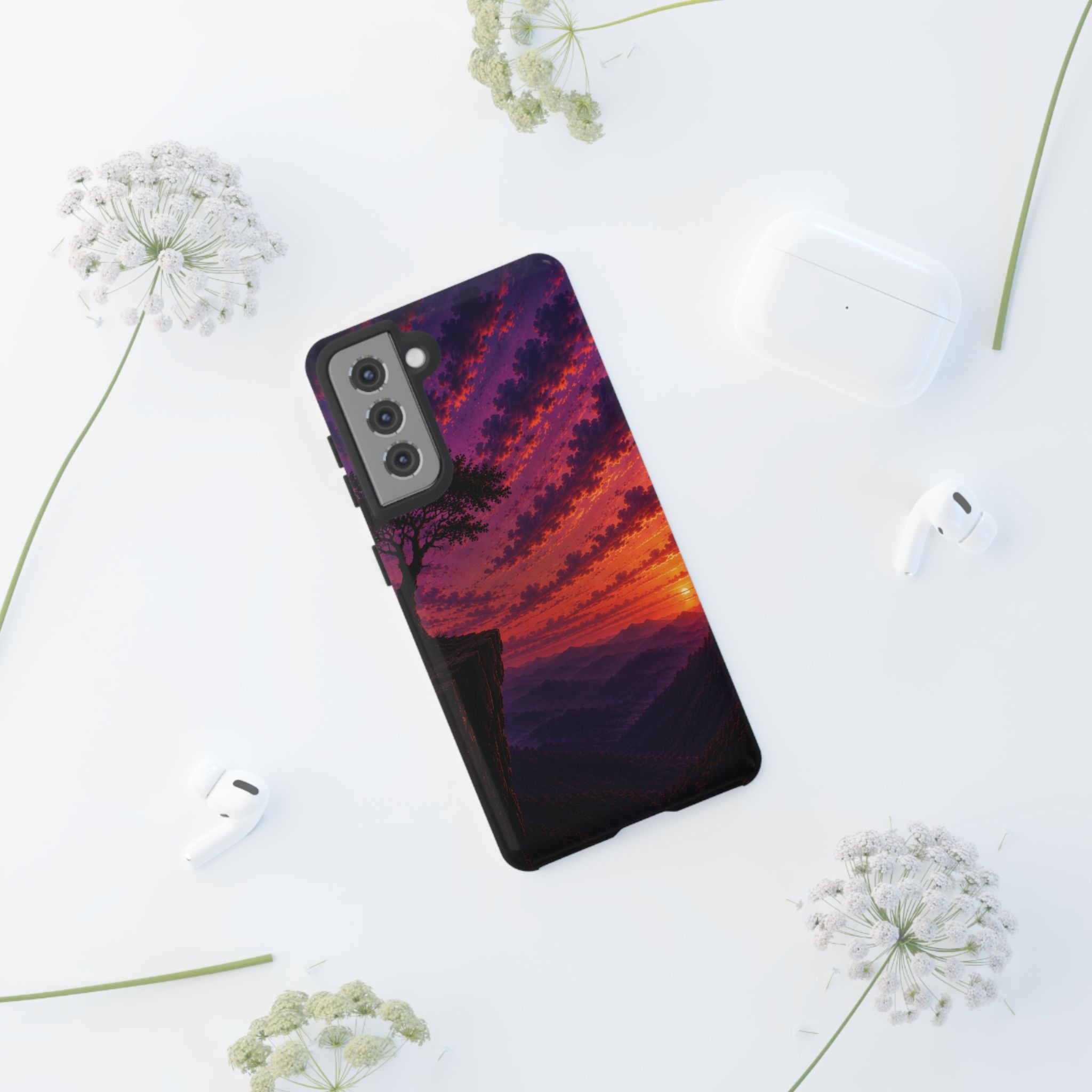 Sunset Cliff Tough Phone Case - Vibrant Purple Orange Landscape for Galaxy & iPhone