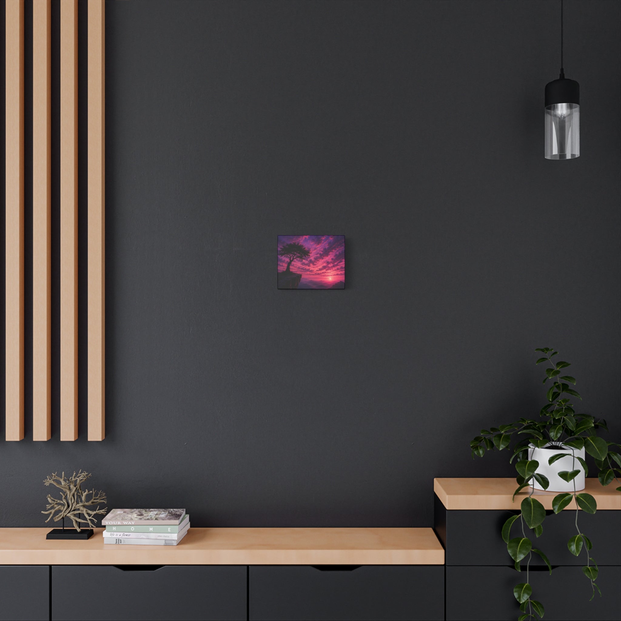 Sunset Cliff Tree Matte Canvas Art – Pink Purple Landscape Wall Decor