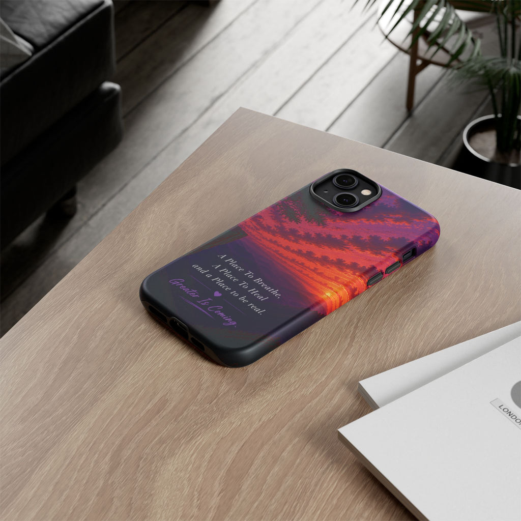 Sunset Serenity Phone Case – “A Place To Breathe, A Place To Heal” Inspirational Galaxy Case