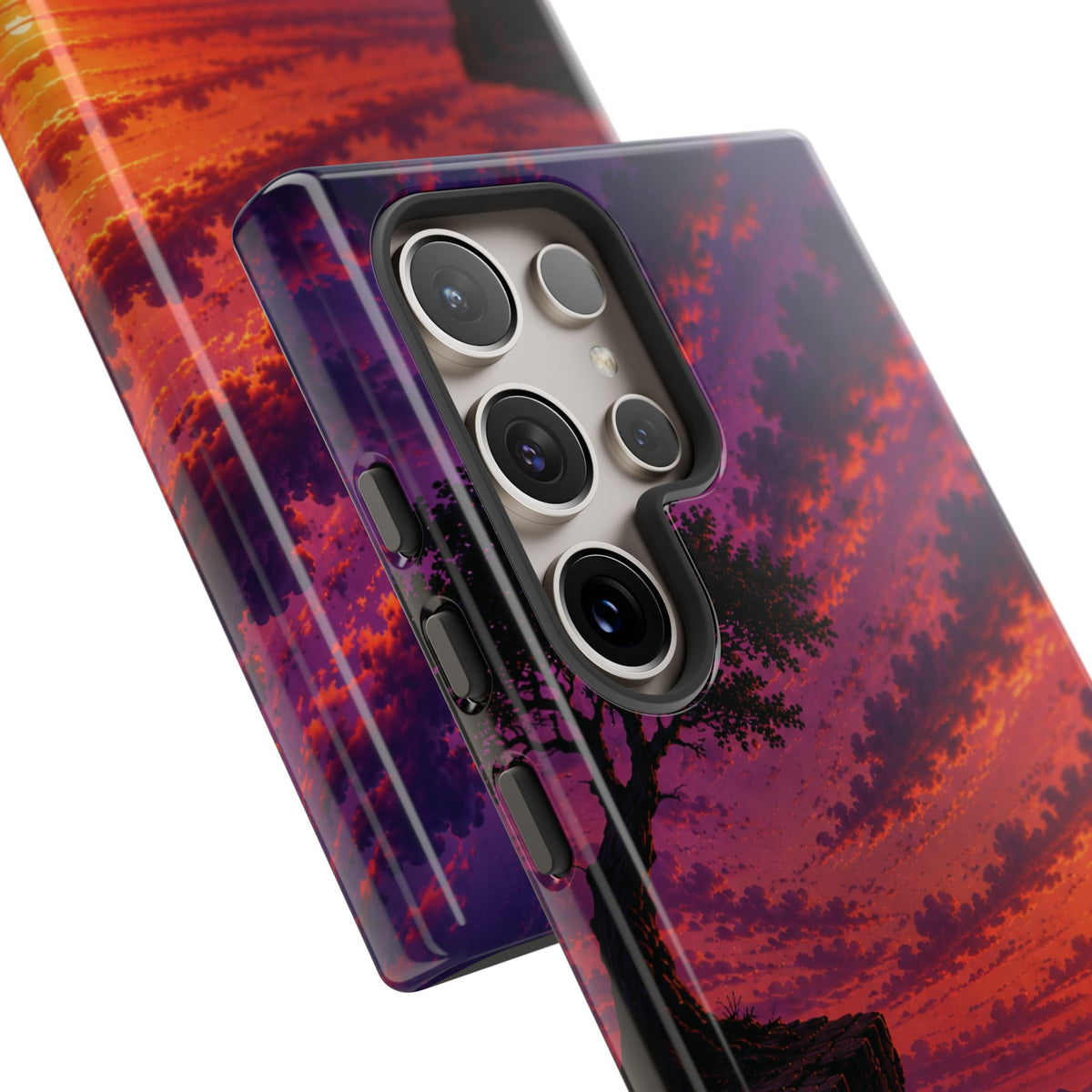 Sunset Cliff Tough Phone Case - Vibrant Purple Orange Landscape for Galaxy & iPhone