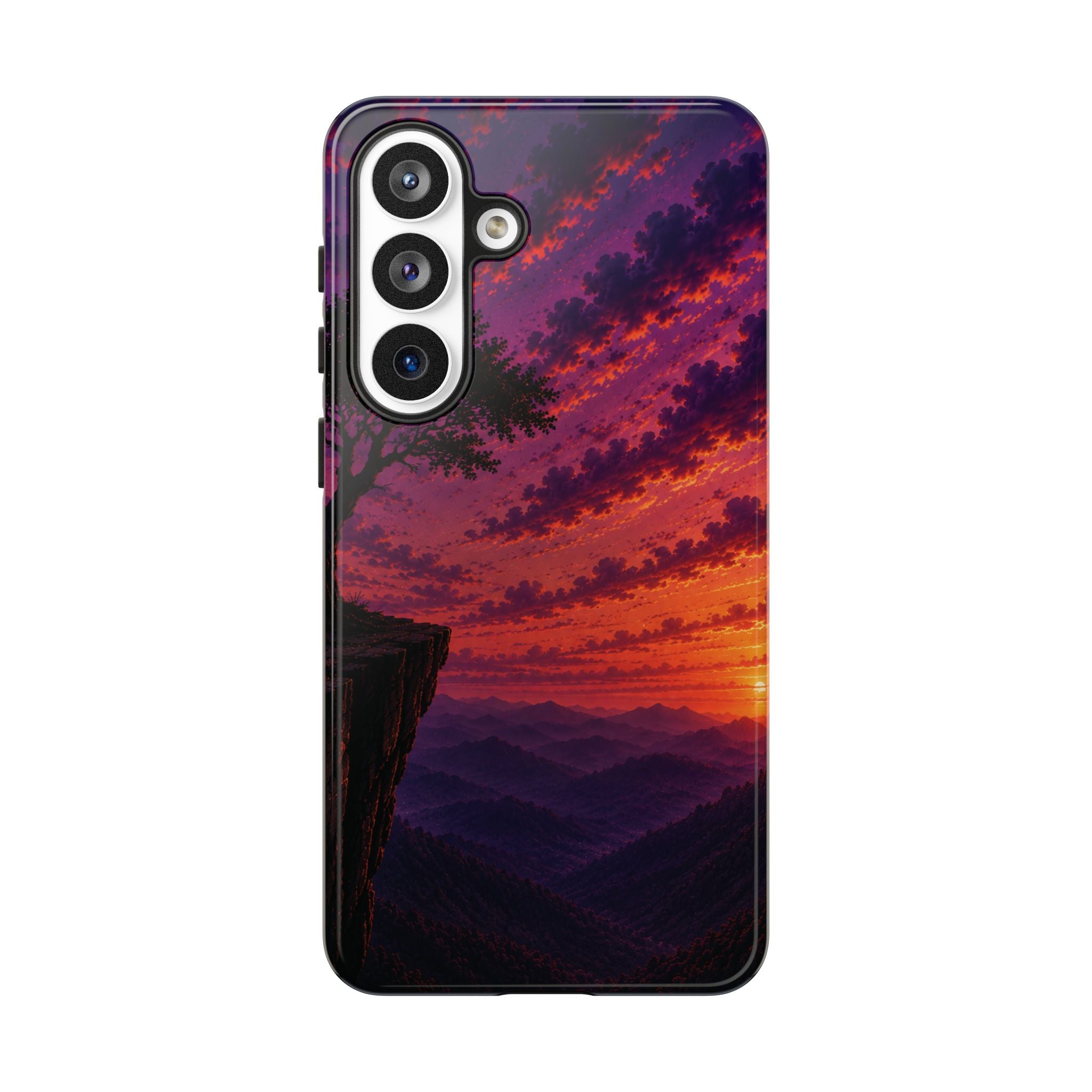 Sunset Cliff Tough Phone Case - Vibrant Purple Orange Landscape for Galaxy & iPhone