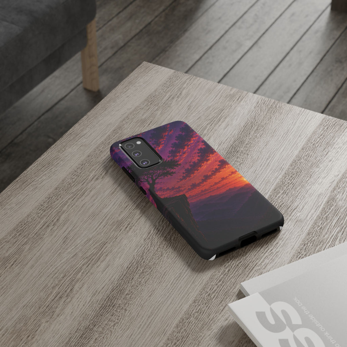 Sunset Cliff Tough Phone Case - Vibrant Purple Orange Landscape for Galaxy & iPhone