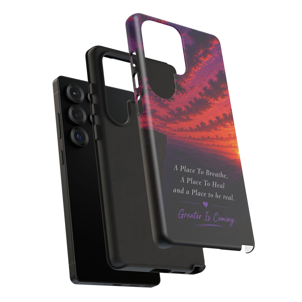 Sunset Serenity Phone Case – “A Place To Breathe, A Place To Heal” Inspirational Galaxy Case