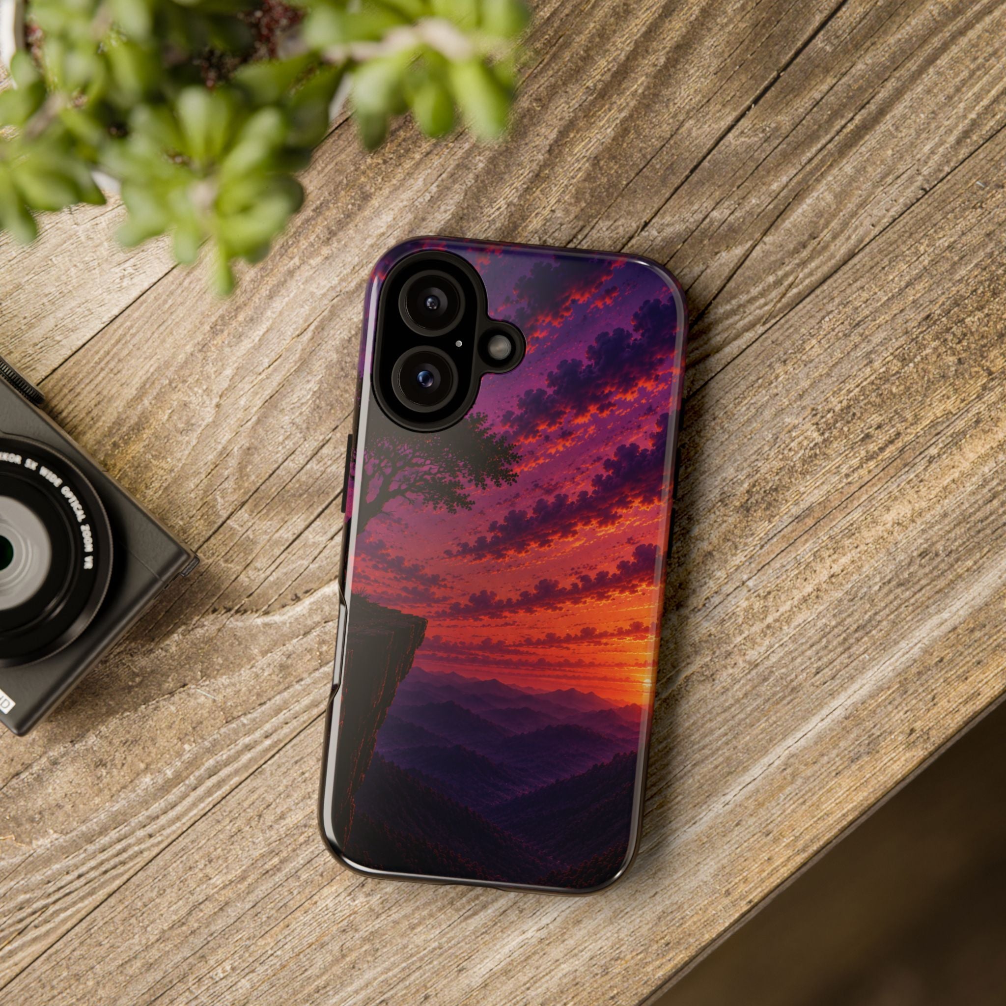 Sunset Cliff Tough Phone Case - Vibrant Purple Orange Landscape for Galaxy & iPhone