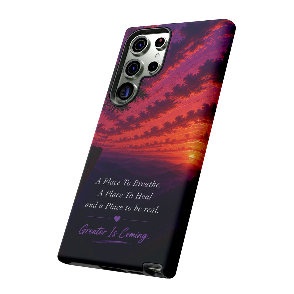 Sunset Serenity Phone Case – “A Place To Breathe, A Place To Heal” Inspirational Galaxy Case