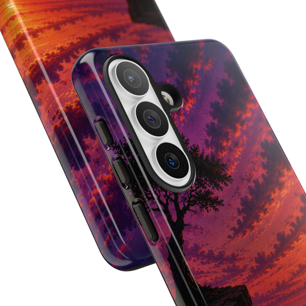 Sunset Cliff Tough Phone Case - Vibrant Purple Orange Landscape for Galaxy & iPhone