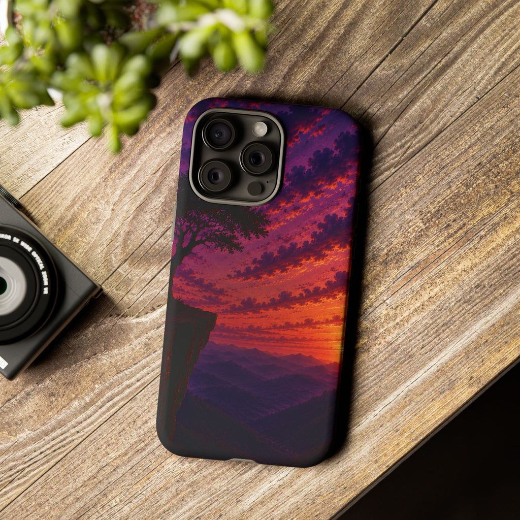 Sunset Cliff Tough Phone Case - Vibrant Purple Orange Landscape for Galaxy & iPhone