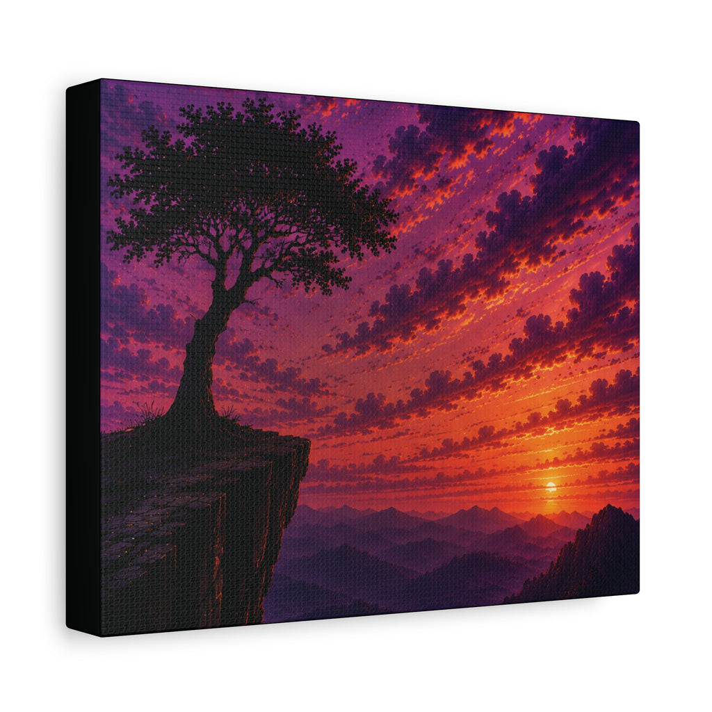 Sunset Cliff Canvas Wall Art — Silhouette Tree Over Mountain Sunset