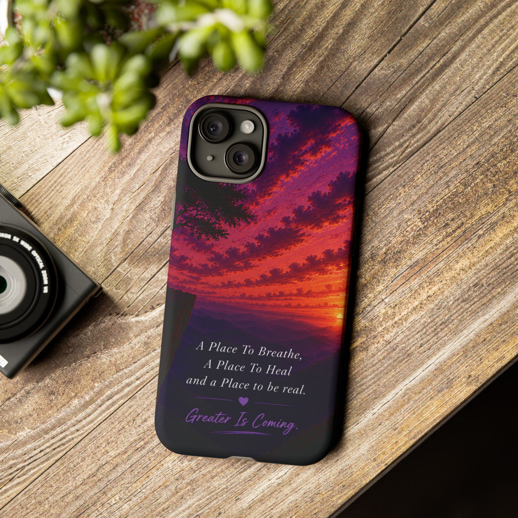 Sunset Serenity Phone Case – “A Place To Breathe, A Place To Heal” Inspirational Galaxy Case