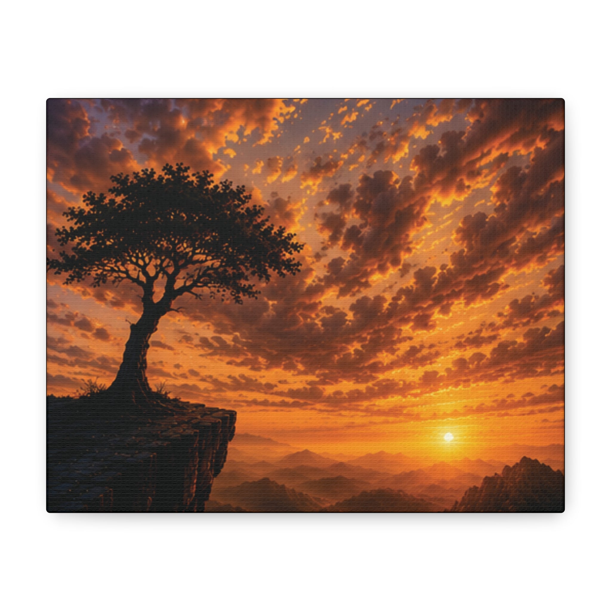 Sunset Cliff Canvas Wall Art — Lone Tree Silhouette Matte Stretched Print
