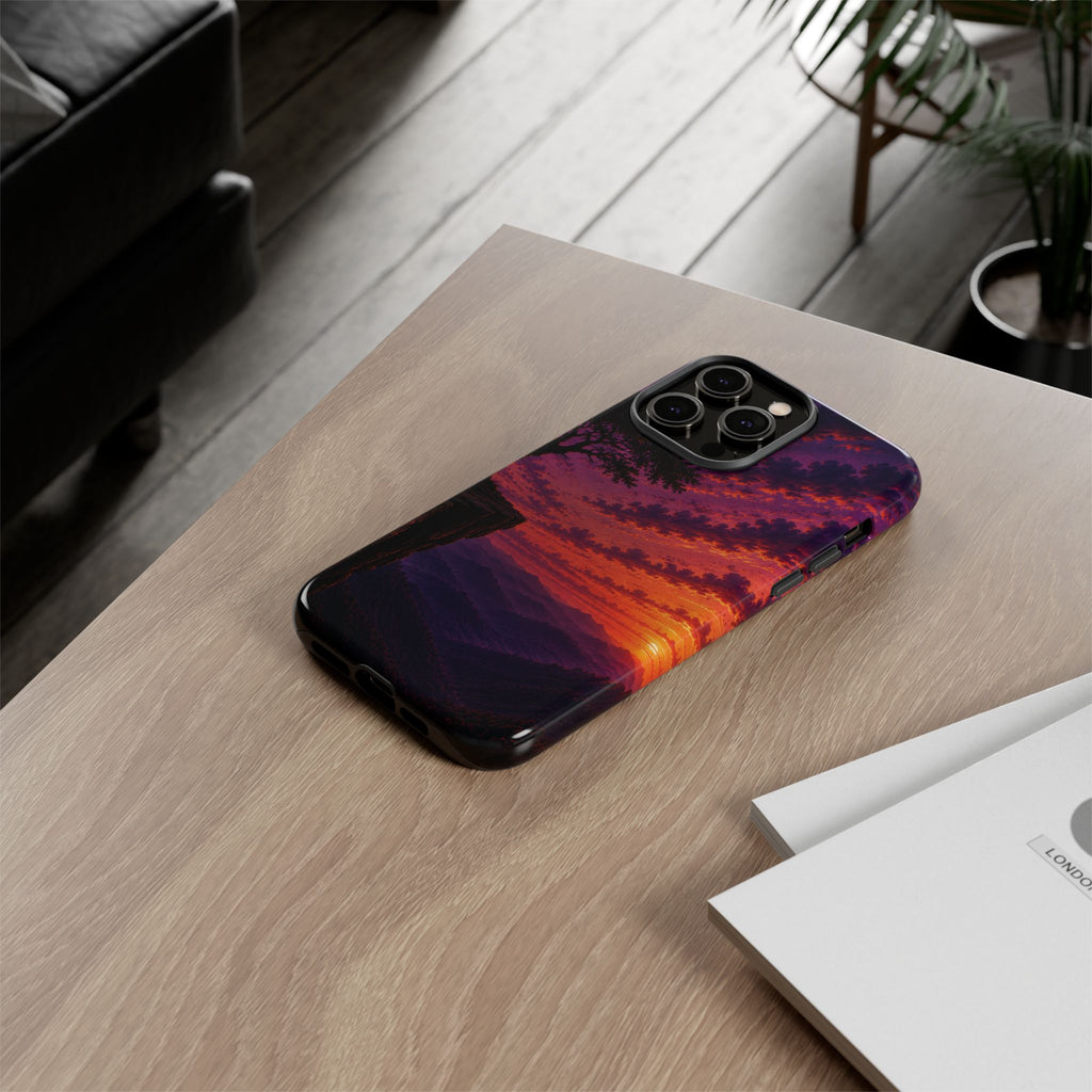 Sunset Cliff Tough Phone Case - Vibrant Purple Orange Landscape for Galaxy & iPhone