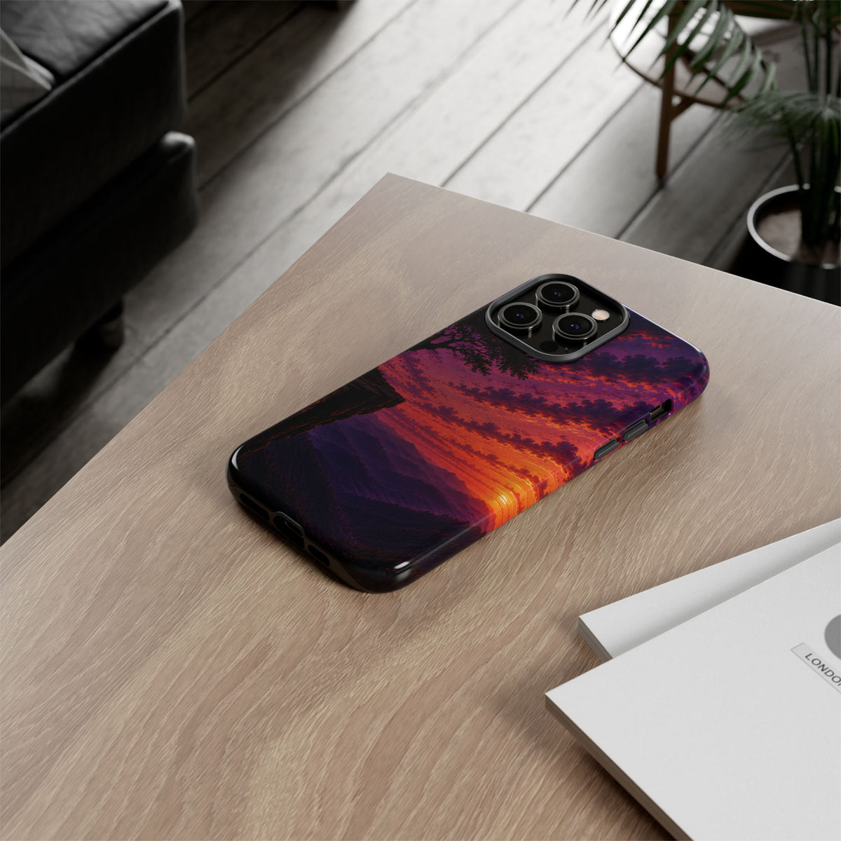Sunset Cliff Tough Phone Case - Vibrant Purple Orange Landscape for Galaxy & iPhone