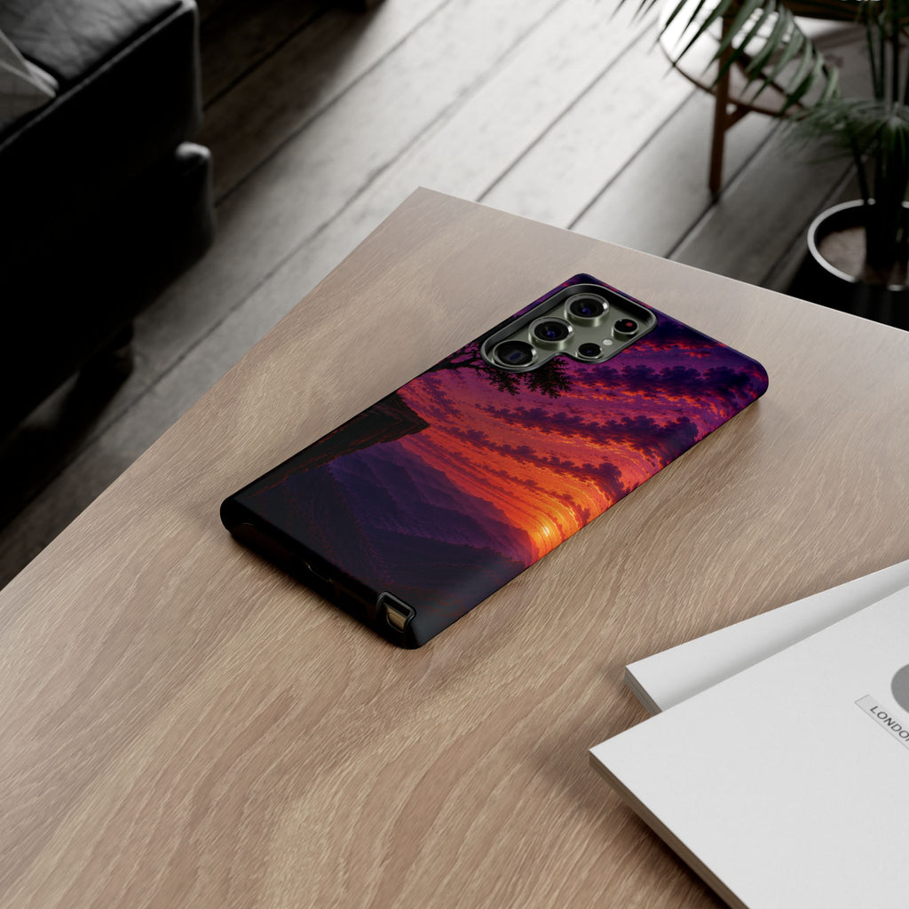 Sunset Cliff Tough Phone Case - Vibrant Purple Orange Landscape for Galaxy & iPhone