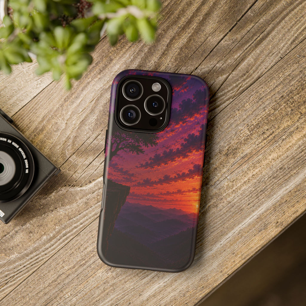 Sunset Cliff Tough Phone Case - Vibrant Purple Orange Landscape for Galaxy & iPhone